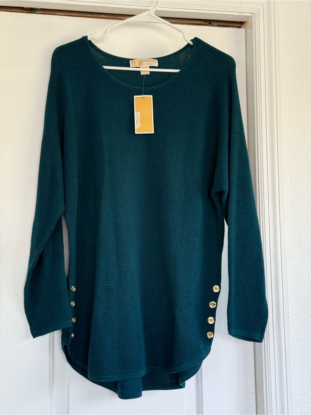 Michael Kors Teal Crewneck Knit Sweater with Gold Side Buttons